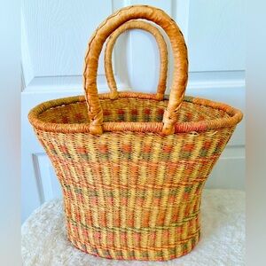 Handmade African Sisal Straw Market Beach Bag Leather Straps 20”